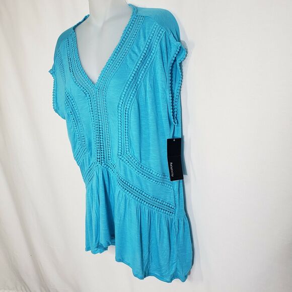 Relativity Womens Top Medium Teal V Neck Cap Sleeves High Low Peplum Crochet - Picture 6 of 10